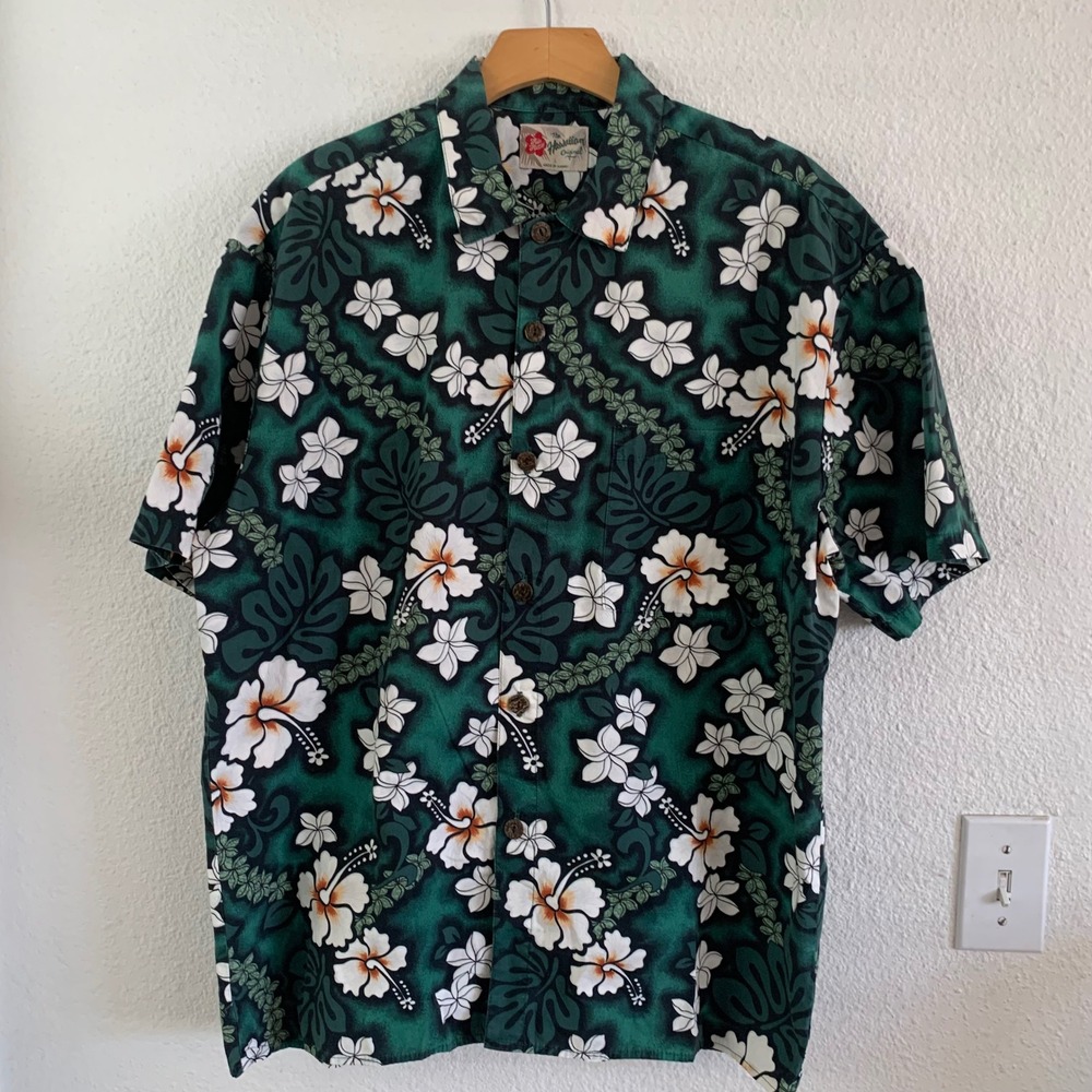 Hilo Hattie The Hawaiian Original Mens Large Green Hibiscus Floral Aloha Shirt